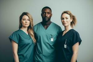 ai generado Tres individuos desde diferente racial antecedentes trabajando en el hospital estar juntos foto