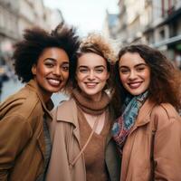 AI generated Three multiracial women smiling in the streets of a European city photo