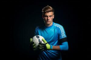 AI generated A goalkeeper showcases expertise gripping a football confidently while wearing specialized gloves photo