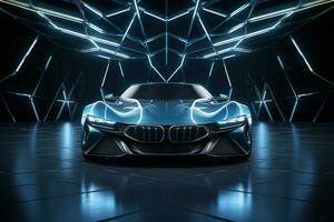 AI generated Future car illuminated in blue neon photo