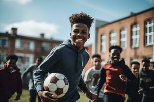 AI generated Teenagers play football with their friends on the school playground photo