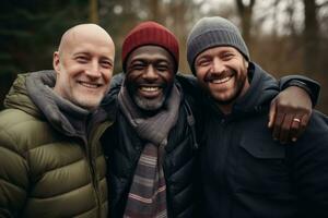 ai generado un foto muestra el riqueza de diversidad con un grupo de Tres hombres desde diferente camina de vida