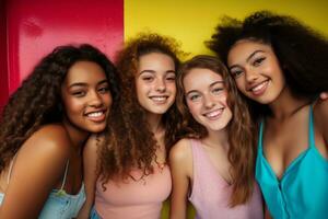 ai generado el elegante y alegre expresiones de un grupo de diverso Adolescente muchachas foto