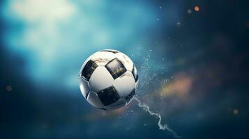 AI generated The dynamic moment with a close up shot of a soccer ball hanging in mid air photo