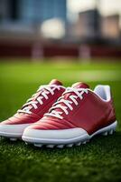 AI generated A pair of red and white football sports shoes on football fields photo