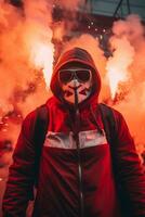 ai generado el intenso atmósfera como fútbol americano ultras encender piro bengalas foto