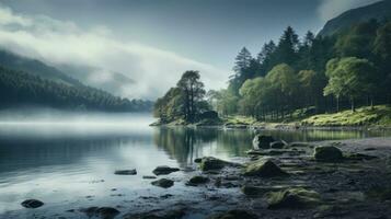 AI generated The peaceful beauty of a Scottish highland loch photo