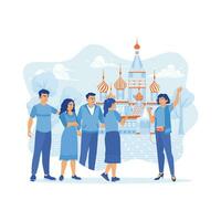 Young tourists go on a tourist trip. They listened to the explanation of a girl who worked as a tour guide on a walking tour. Tourist Guide concept.  trend modern vector flat illustration