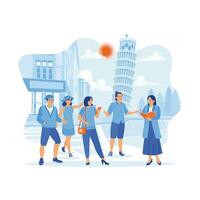 Multicultural tourists are touring in Pisa, Italy, during the day. Tourists listen to a guide's explanation about a famous monument. Tourist Guide concept. trend modern vector flat illustration