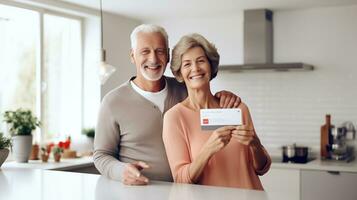 AI generated retired couple in their kitchen home holding ticket insurance photo
