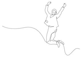 happy business woman jumping successful celebrating triumph hands up continuous line drawing vector