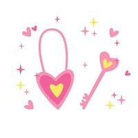 Valentine's day, February 14. Vector illustrations of lock with a key. Drawings for postcard, card, congratulations and poster.