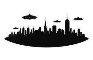 A UFO in City black Silhouette vector, Flying saucer City abduction Silhouette vector