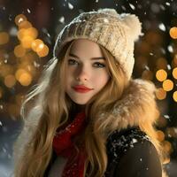 ai generado un hermosa mujer en el Nevado Navidad foto