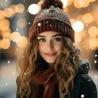 ai generado un hermosa mujer en el Nevado Navidad foto