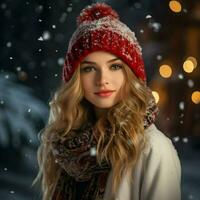 ai generado un hermosa mujer en el Nevado Navidad foto