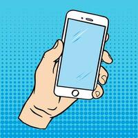 Pop art blue background with male hand holding smartphone with empty screen for your need . Hand drawn illustration in retro comic style. vector