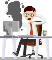 Frightened office worker shouts and holds head looking at monitor. broken computer is Smoking. Virus and bug. problem with technique. Stress and man. Flat cartoon vector