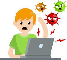 Man at laptop with virus. problem with computer. Online threat. Young angry guy. Account hacking. Cartoon flat illustration. Hacker attack vector