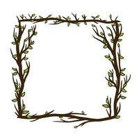 Tree frame, floral square border. Plant and twig decoration isolated on white background. Black outline silhouette. Decorative vintage scary element with leaf. Dark forest concept. vector