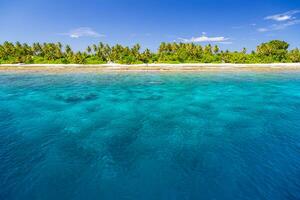 Beautiful tropical beach sea coast. White sand, palm trees, turquoise ocean and blue sky on sunny summer day. Serene landscape background for relaxing vacation. Maldives islands exotic travel paradise photo