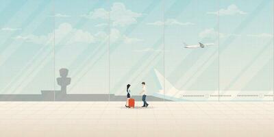 Pareja de amante reunión a el aeropuerto tener avión y azul cielo antecedentes mediante ventanas vector ilustración. viaje de novio concepto plano diseño tener blanco espacio.
