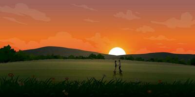 Couple of lover meeting at meadow on the hill have mountain range with sunset background vector illustration. Journey of sweetheart concept flat design have blank space.