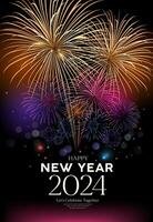 Fireworks colorful, Happy new year 2024 poster flyer design on night background, EPS10 vector illustration