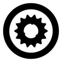 Cogset sprocket bicycle star gear service sprocket cogs wheel with teeth engages with chain icon in circle round black color vector illustration image solid outline style