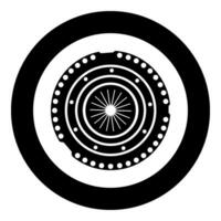 Car clutch basket cover cohesion transmission auto part plate kit repair service icon in circle round black color vector illustration image solid outline style