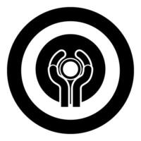 Pottery craft art workshop concept potter sculpts clay pot on potter's wheel use hand arm ceramist idea icon in circle round black color vector illustration image solid outline style