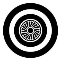 Turbine airplane turbomachine jet engine aircraft motor fan plane icon in circle round black color vector illustration image solid outline style