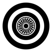 Turbine airplane turbomachine jet engine aircraft motor fan plane icon in circle round black color vector illustration image solid outline style