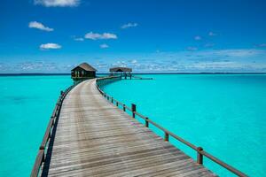 Maldives paradise island. Tropical aerial landscape, seascape long jetty pier water villas. Amazing sea sky sunny lagoon beach, tropical nature. Exotic tourism destination popular summer vacation photo