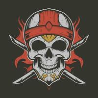 skull with red hat and crossed swords on dark background vector