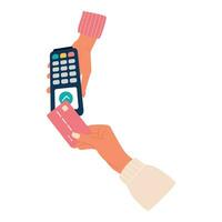 Approved payment with pos terminal using bank debit card. Hands paying with Contactless cashless payment. Vector illustration