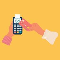 Contactless cashless approved payment using pos terminal.Hands paying with credit or debit card. Vector illustration