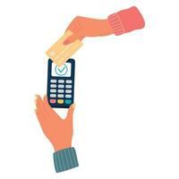 Cashless approved payment using pos terminal.Hands paying with credit card. Vector illustration