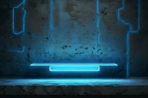 AI generated A Scene with a Blue Cyan Neon Light Shines on a Concrete Wall Surface photo