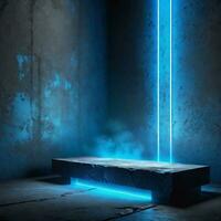 AI Generated A Podium in the Empty Room with Rough Gray Concrete Walls, Floor and Ceiling lit by Neon Blue, Volumetric Lighting, 3D Rendering. Dark Grunge Background for Display Products photo