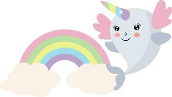 linda contento unicornio ballena con arco iris vector