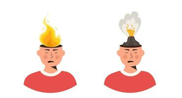 Set of male characters head in fire vector flat illustration. Man or woman feeling stress at work, anger. Concept of emotional expression of burnout or annoyance. Mental illness. Psychological symptom