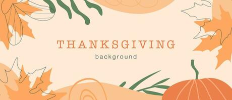 Abstract horizontal Happy Thanksgiving banner template. Trendy minimal background with autumnal leaves, pumpkin and geometric shapes. Vector border with copy space for text in flat style.