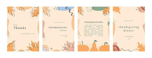 Abstract horizontal Happy Thanksgiving banner template. Trendy minimal background with autumnal leaves, pumpkin and geometric shapes. Vector border with copy space for text in flat style.