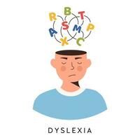 Dyslexia concept. Young boy having learning difficulty. Messed letters, confused head. Logopedy, Speech Therapy Lessons, speech pathologist. Vector Character illustration in flat style.