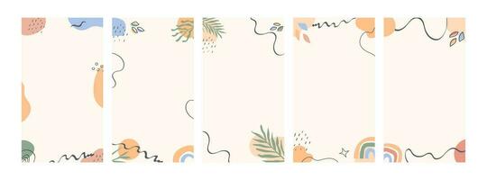 Bohemian Autumn mood botanical instagram story templates. Set of modern fall season vertical cards or banners with forest foliage and abstract geometrical shapes. Vector background for social media.