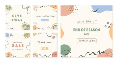 Set of vector minimal cards with abstract shapes, pumpkin and autumnal leaves. Autumn sale trendy post templates for social media. Modern square banners with copy space for text. Flat Illustration.