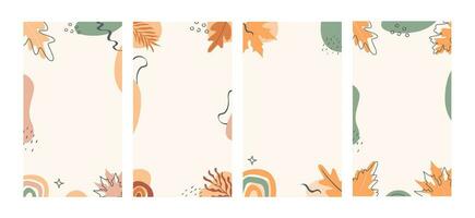 Bohemian Autumn mood botanical instagram story templates. Set of modern fall season vertical cards or banners with forest foliage and abstract geometrical shapes. Vector background for social media.