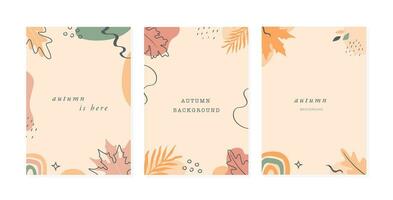 Bohemian Autumn mood botanical instagram story templates. Set of modern fall season vertical cards or banners with forest foliage and abstract geometrical shapes. Vector background for social media.