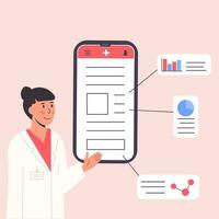 Smartphone screen with male doctor gives online diagnosis. An app with doctor consultation or advice. Medical scientist talks about pills and medication. Ask doctor. Vector illustration.